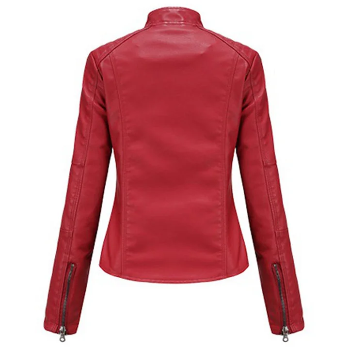 Women's Red Leather Moto Biker Zipper Jacket