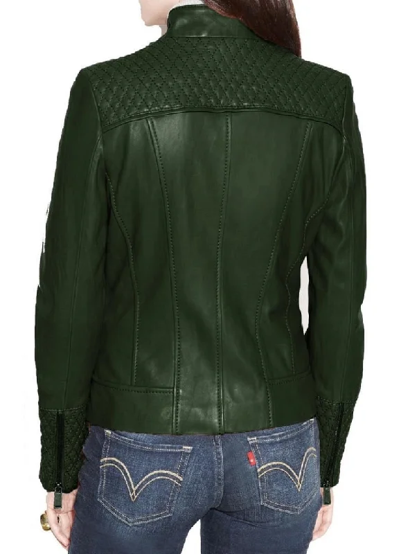 Women's Stylish Slim Fit Biker Green Leather Jacket