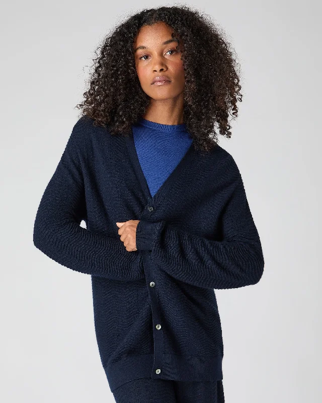 Women's Wave Stitch Cashmere Silk Cardigan Navy Blue