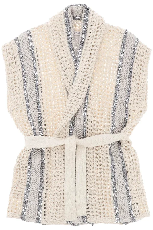 Brunello cucinelli ""dazzling stripe cardigan with M3Y372316 WHITE BEIGE GRIGIO ARGENTO QUARZO