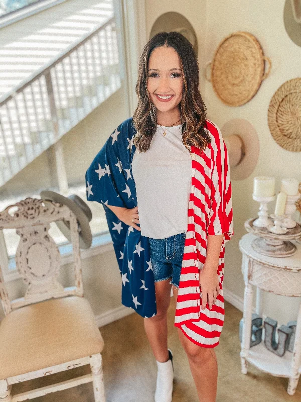 American Sweetheart Stars and Stripes Drop Sleeve Kimono in Red, White, and Blue