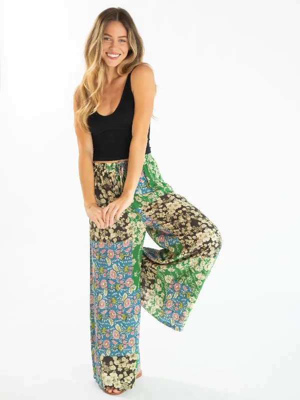 Go With The Flow Wide Leg Pant - Green Black Blue Mixed Floral