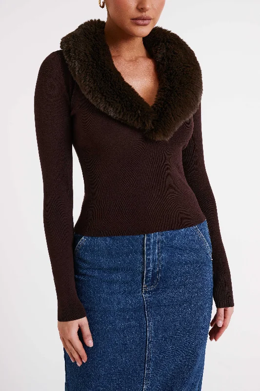 Maieve Fur Trim Knit Top - Dark Brown