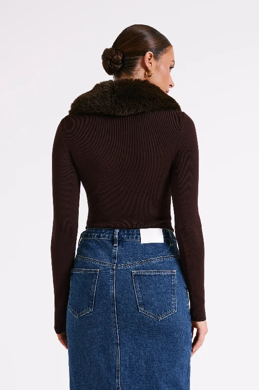 Maieve Fur Trim Knit Top - Dark Brown