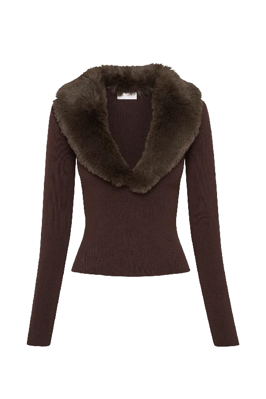 Maieve Fur Trim Knit Top - Dark Brown