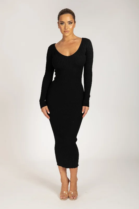 Nina Long Sleeve Knit Midi Dress - Black