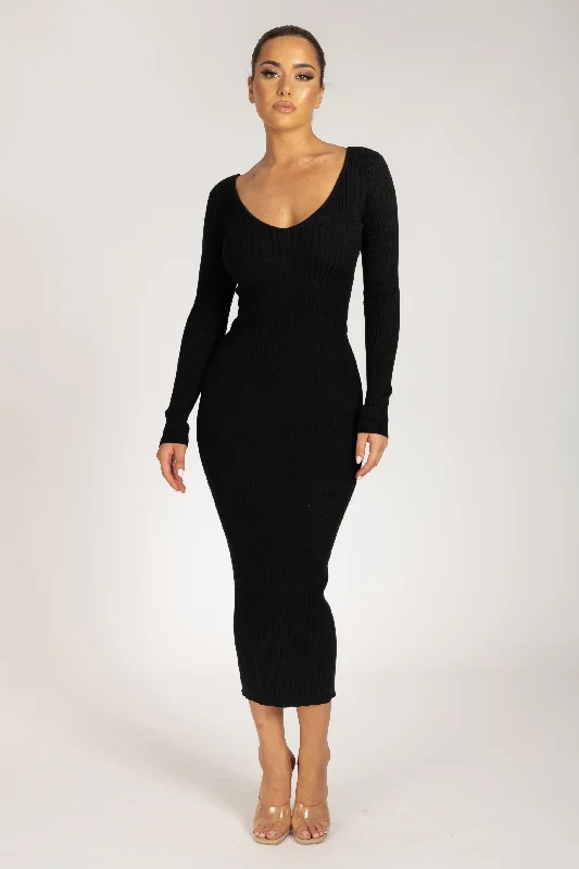 Nina Long Sleeve Knit Midi Dress - Black