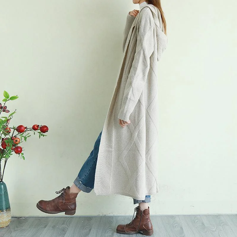 Oversized beige knit jacket plus size clothing hooded knit warm outwear