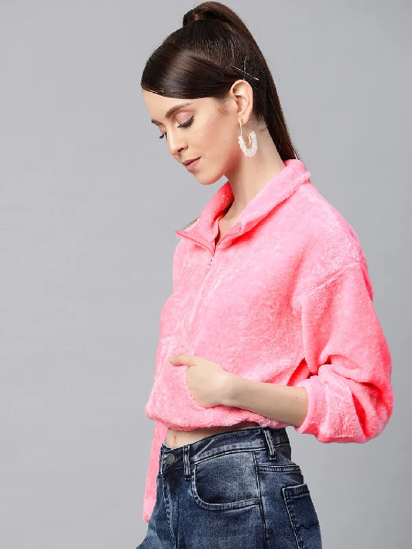 Pink Kangaroo Pocket Faux Fur Crop Sweatshirt