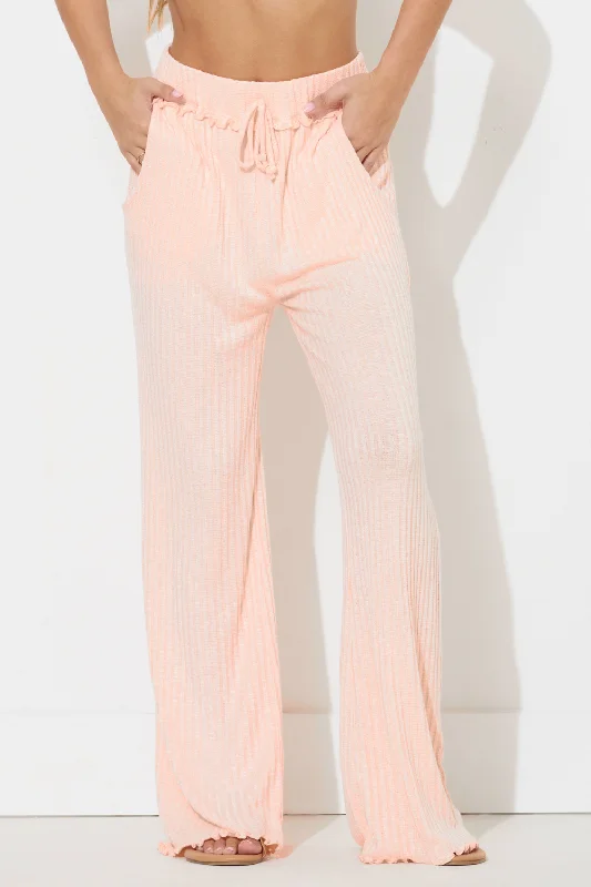 Popsicle Peach Solid Rib Lettuce Edge Pants