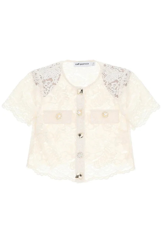 Self portrait lace cropped top with diamant√© buttons RS24 174T C CREAM