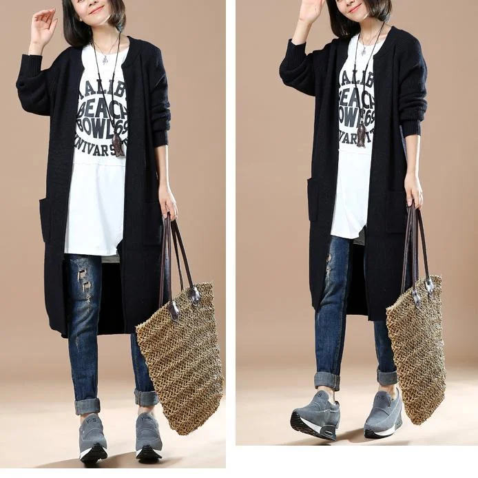 Solid black woman knit cardigans long sweater