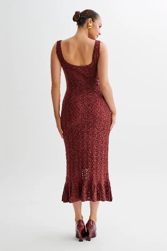 Sylvie Frill Knit Midi Dresses - Wine