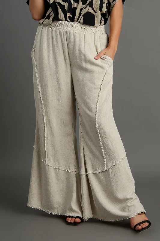 Umgee Plus Wide Leg Linen Pant with Side Pockets and Fray Details