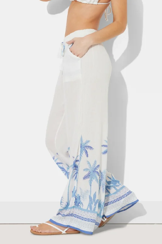 White W/ Tonal Blue Palm Printed Rayon Crinkle Pant