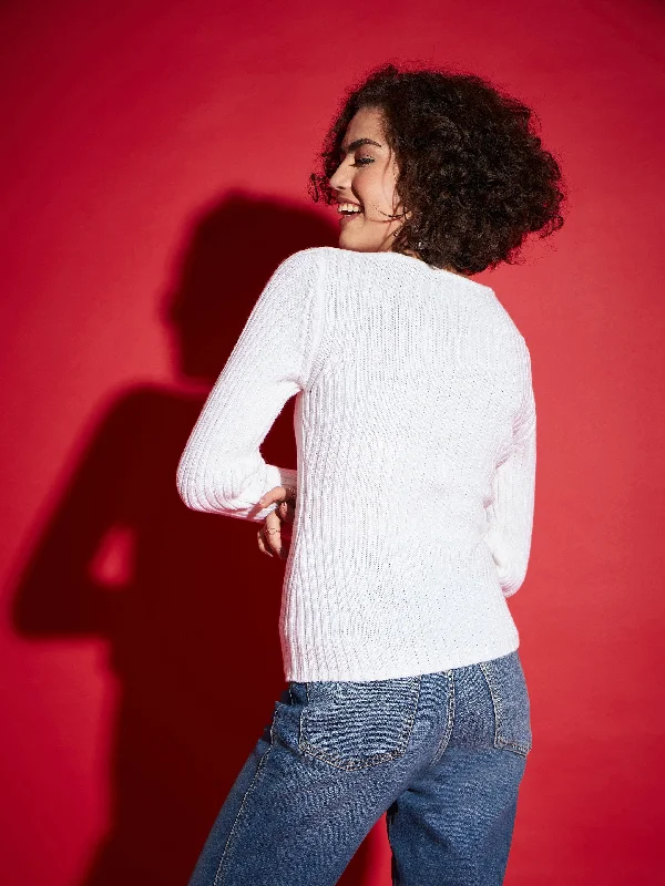 Women White Rib V-Neck Sweater