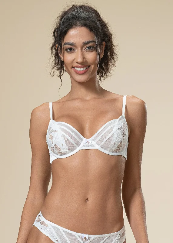 FLORA Seductive Underwired Unlined White Demi Lace Bra Comfortable Lace Bra