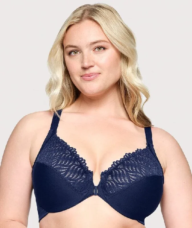 Glamorise Front-Closure T-Back WonderWire Bra - Blue Comfortable Lace Bra