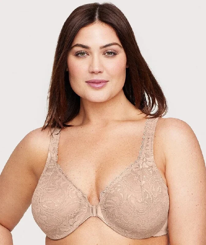 Glamorise WonderWire Front-Closure Stretch Lace Bra - Cafe Wireless Push-Up Bra