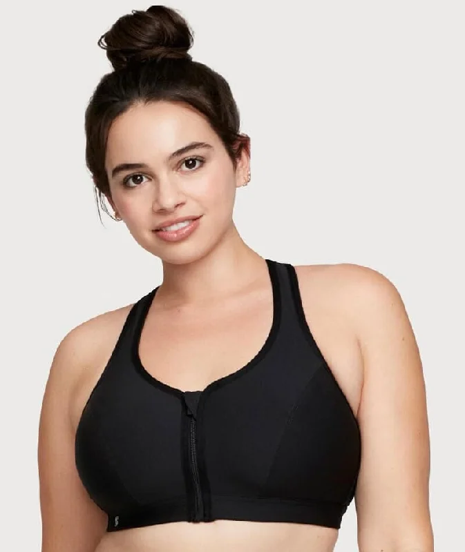 Glamorise Zip Up Front-Closure Wire-Free Sports Bra - Black Breathable Wireless Bra