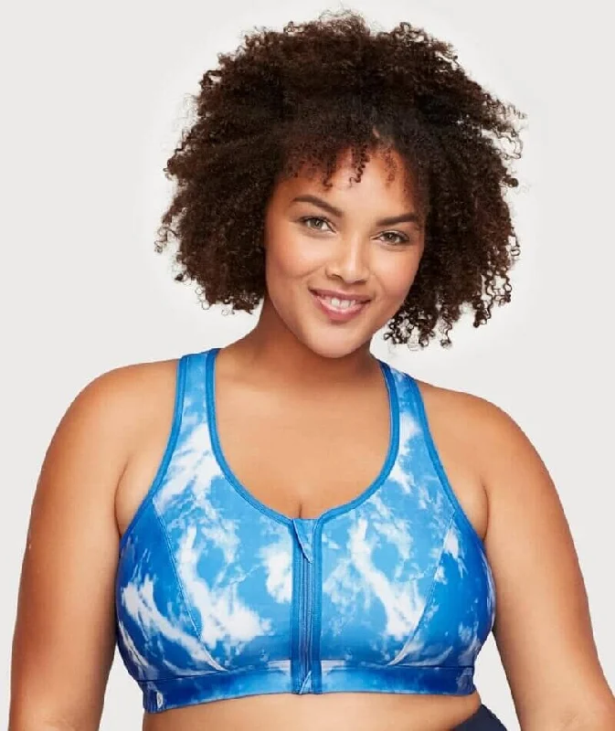 Glamorise Zip Up Front-Closure Wire-Free Sports Bra - Blue Tie-Dye Sporty Wireless Bra