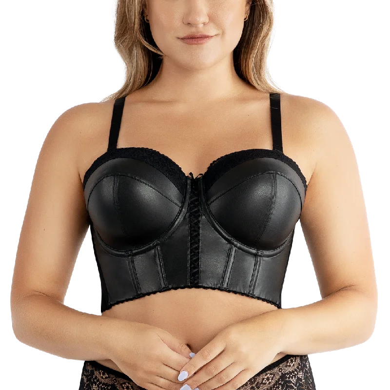 Parfait Stevie Black Longline Faux Leather Longline Bustier Bra P50120 High Support Bra