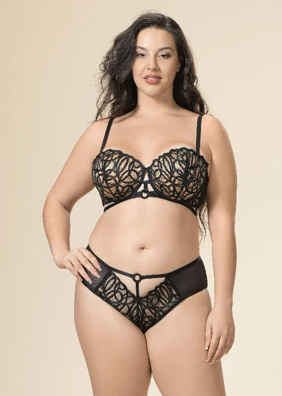 RORA Plus Sexy Black Underwired Lace Balconette Demi Long Bra Breathable Comfort Bra