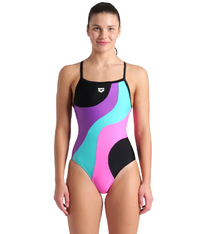 Arena Women's Multi Slices Lightdrop Back One Piece Swimsuit Black/Violet/Water/Shocking Pink Vibrant Bikini Design