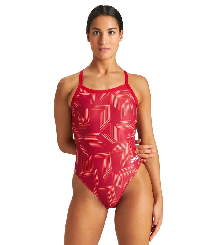 Arena Women's Puzzled Challenge Back One Piece Swimsuit Red/Red Multi Vintage Swimwear Look