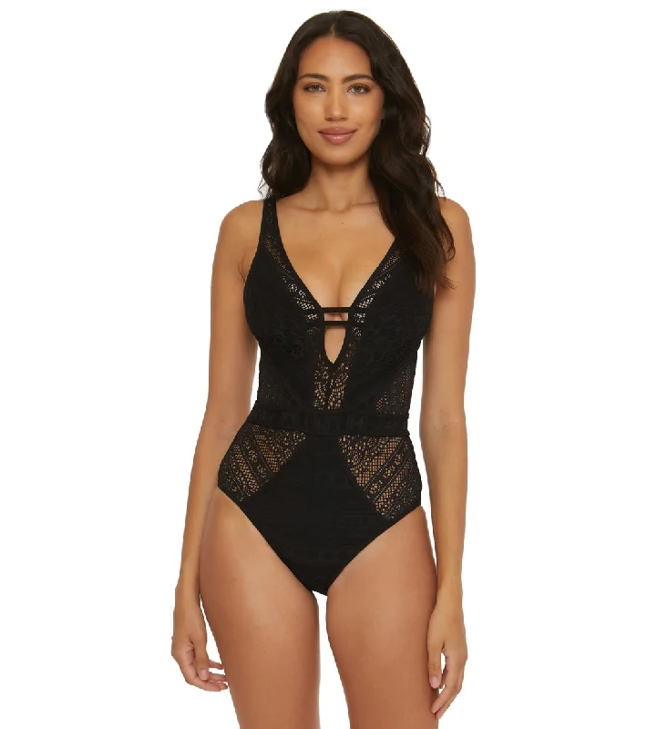 Becca Swim Women's Color Play Plunge One Piece Swimsuit Black Lace Back Bikini