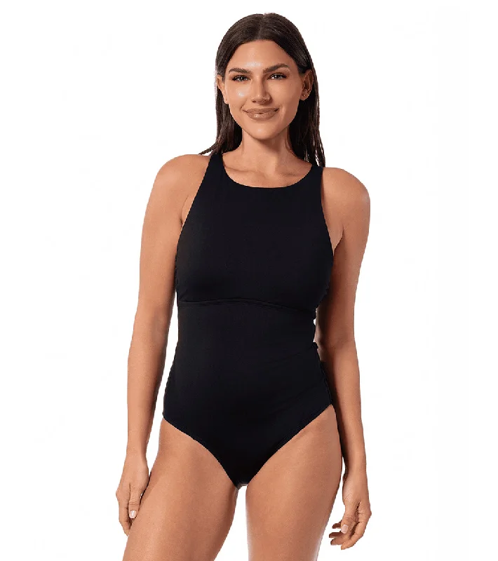 Jantzen Women's Solid JanFit High Line High Neck One Piece Swimsuit V-Neck Swim Dress