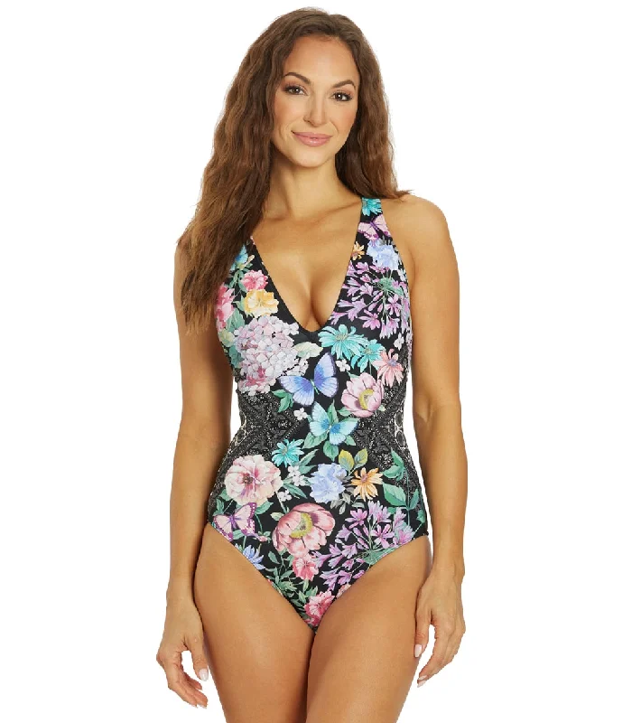 Johnny Was Women's Cross Back One Piece Swimsuit Multi Tropical Print Bikini