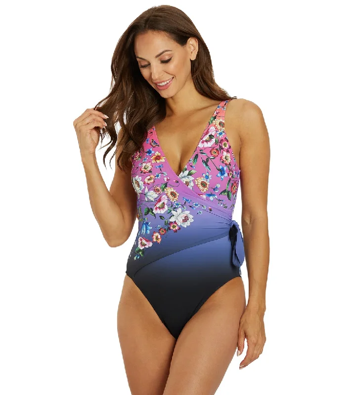 Johnny Was Women's Ombre Garden Wrap One Piece Swimsuit Multi Sporty Racerback Swimsuit