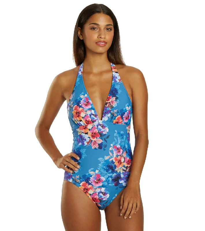 Johnny Was Women's Summer Days Halter One Piece Swimsuit Blue Summer Push-Up Swimsuit Top