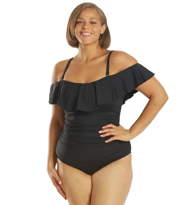 La Blanca Plus Size Island Goddess Off Shoulder Ruffle One Piece Swimsuit Black Soft Beachwear Set