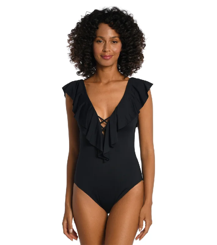 La Blanca Women's Island Goddess Ruffle Plunge One Piece Swimsuit Black Monokini Swimsuit Design