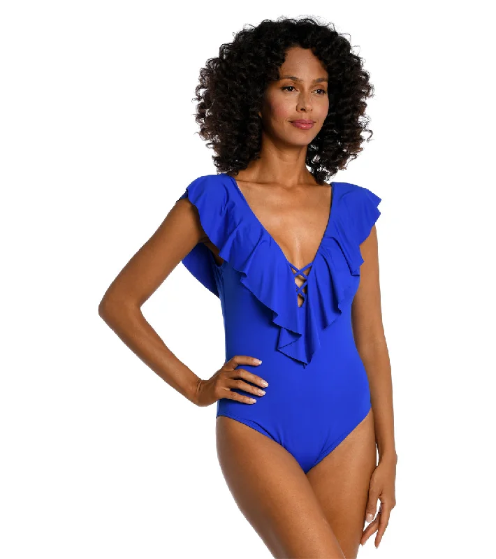 La Blanca Women's Island Goddess Ruffle Plunge One Piece Swimsuit Sapphire Bold Color Swimsuit