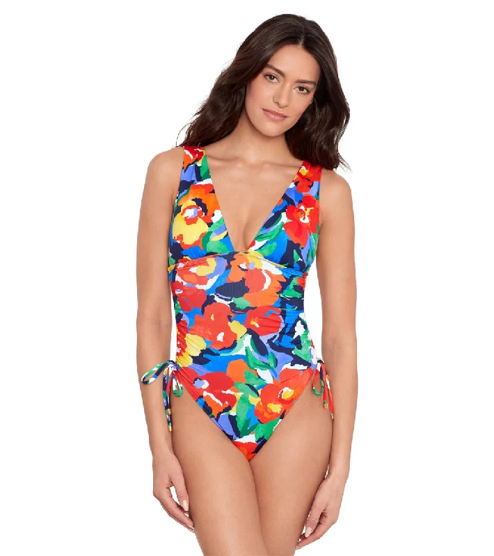 Lauren Ralph Lauren Bold Floral Shirred Plunge One Piece Swimsuit Multi Minimalist One-Piece