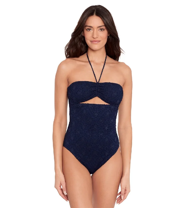 Lauren Ralph Lauren Crochet Cutout Bandeau One Piece Swimsuit Dark Navy Casual Swim Dress