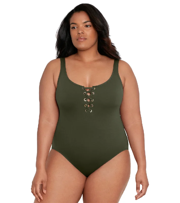 Lauren Ralph Lauren Plus Size Lace Tank One Piece Swimsuit Olive Bold Color Swimsuit