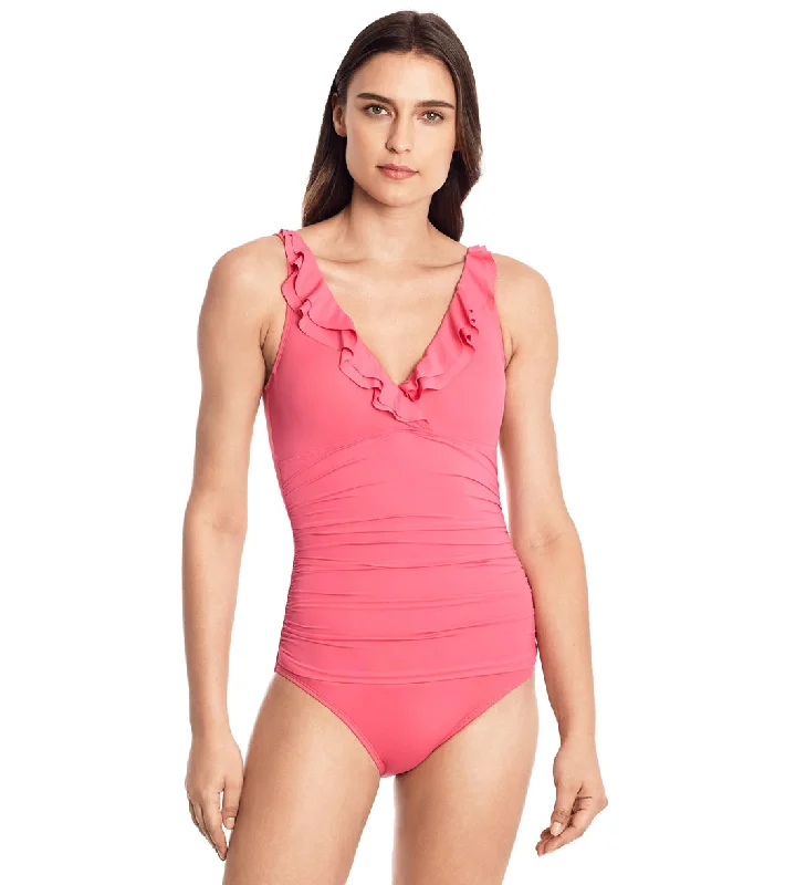 Lauren Ralph Lauren Women's Beach Club Solids Ruffle Surplice Underwire One Piece Swimsuit Blossom Reversible Bikini Set