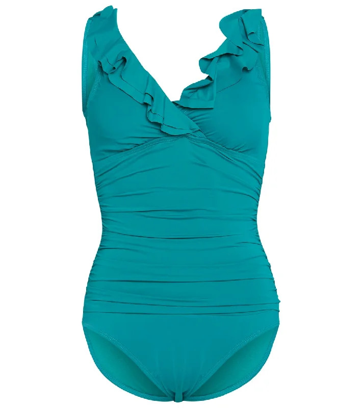 Lauren Ralph Lauren Women's Beach Club Solids Ruffle Surplice Underwire One Piece Swimsuit Emerald Minimalist One-Piece