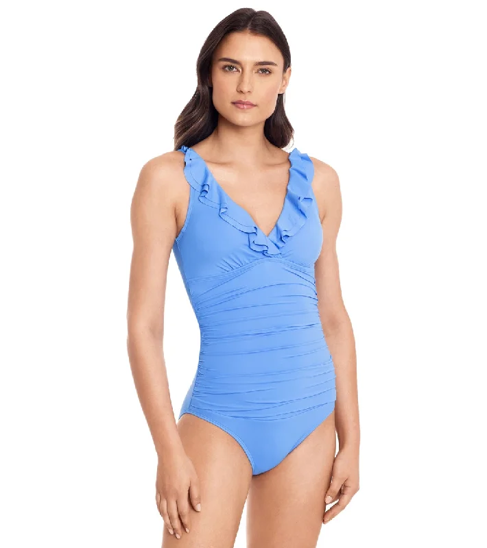 Lauren Ralph Lauren Women's Beach Club Solids Ruffle Surplice Underwire One Piece Swimsuit Sky Adjustable Swim Top