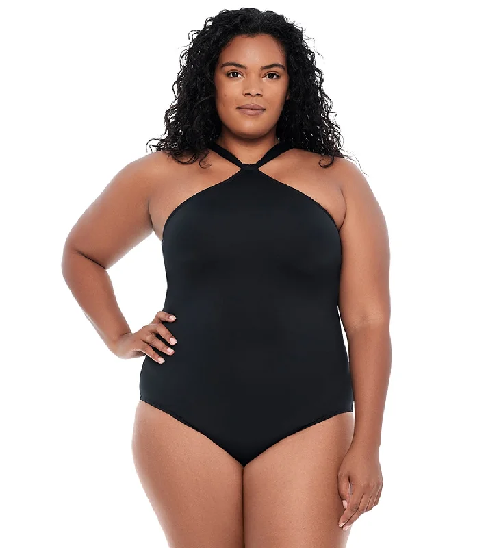 Lauren Ralph Lauren Women's Plus Size Beach Club Glamour High Neck One Piece Swimsuit Black Comfortable Tankini Set