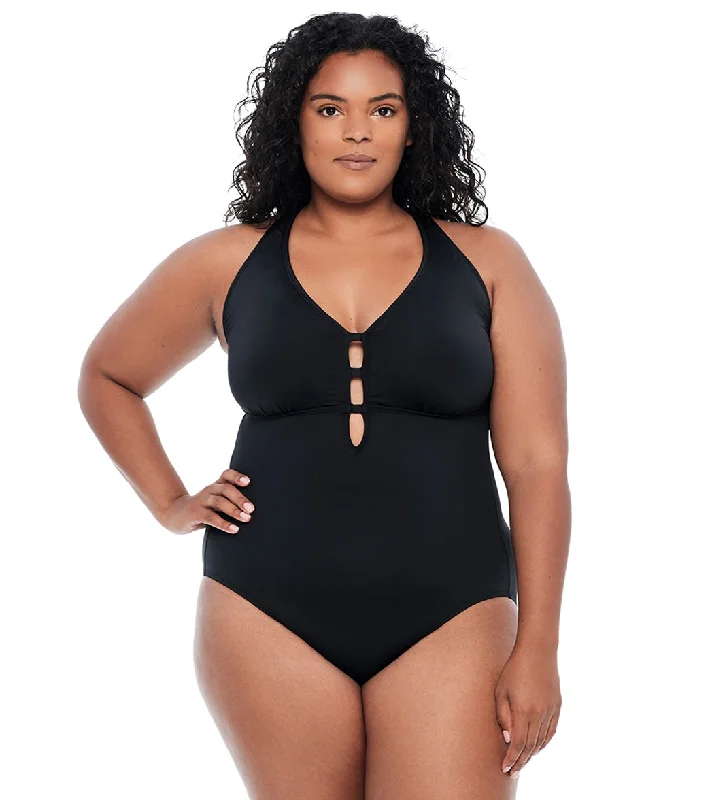 Lauren Ralph Lauren Women's Plus Size Beach Club Plunge One Piece Swimsuit Black Flirty Ruffle Swimsuit