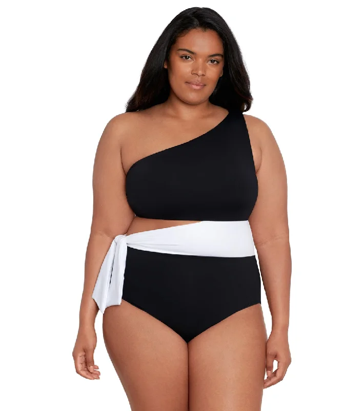 Lauren Ralph Lauren Women's Plus Size Bel Air Cut Out One Shoulder One Piece Swimsuit Black Push-Up Swimsuit Top