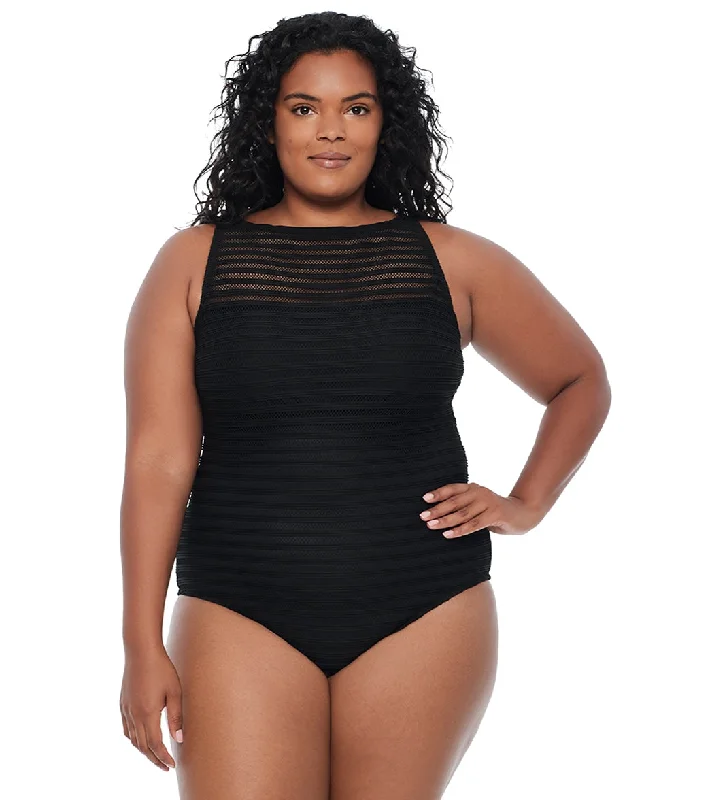 Lauren Ralph Lauren Women's Plus Size Ottoman Boatneck One Piece Swimsuit Black Modern High-Waisted Swimsuit