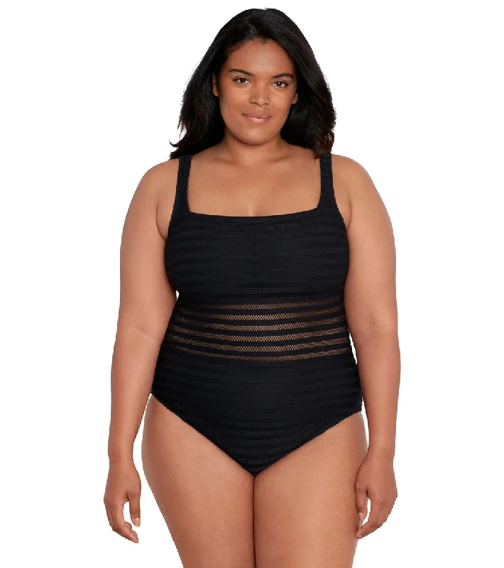 Lauren Ralph Lauren Women's Plus Size Square Neck Over The Shoulder One Piece Swimsuit Black Strap Bikini Set