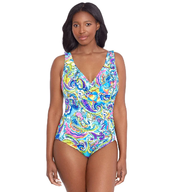 Longitude Women's Paisley Seas Ruffle Front Surplice One Piece Swimsuit Comfortable Swim Dress