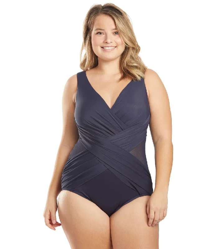 Miraclesuit Plus Size Illusionist Crossover One Piece Swimsuit (D Cup) Midnight Mesh Panel Swimwear